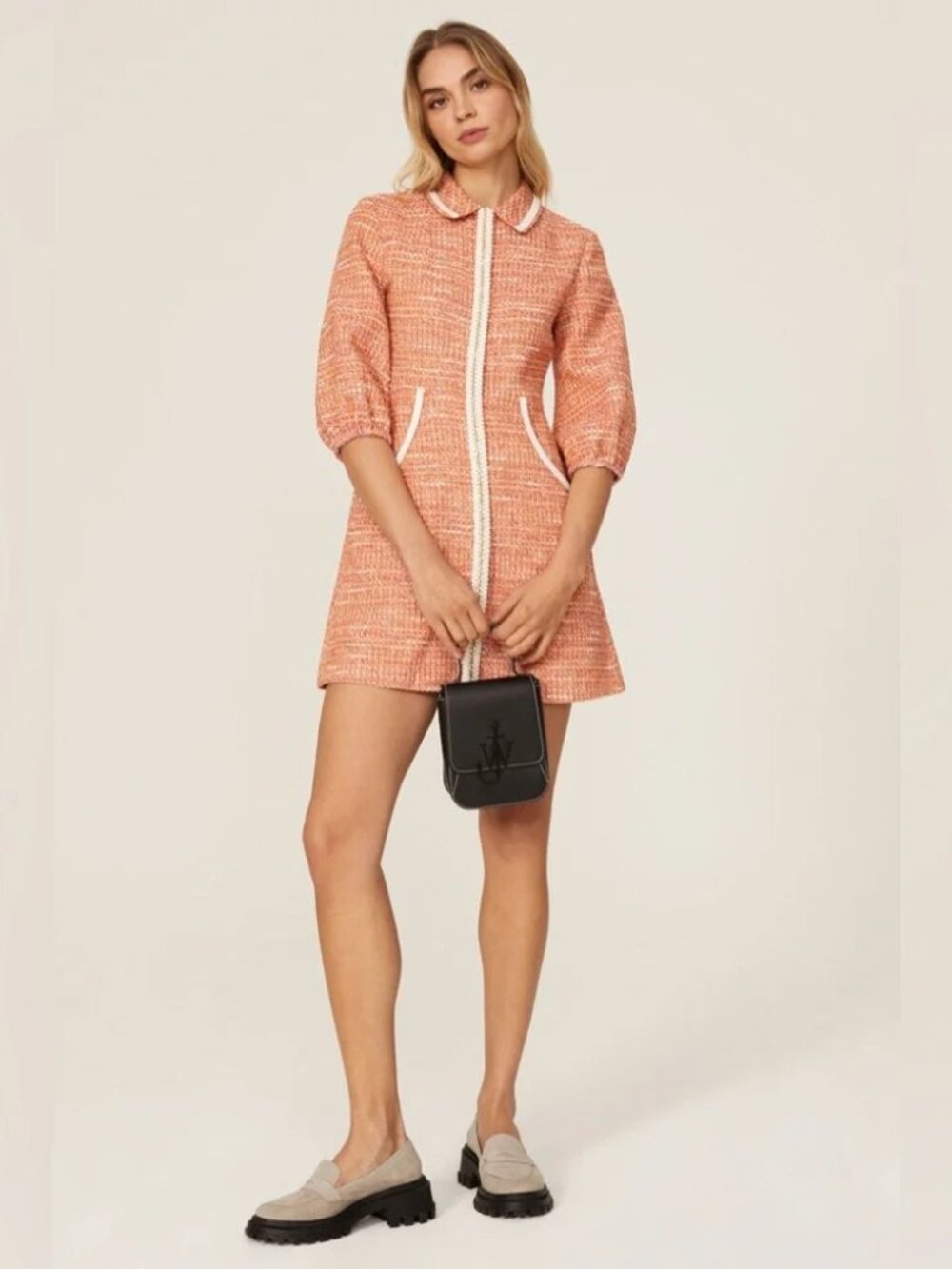 Maje Coral Tweed Mini Dress with White Trim